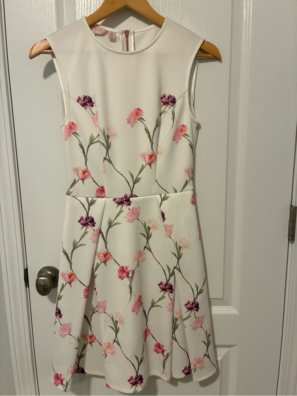 Floral Fit & Flare Sleeveless Dress — White with Pink & Purple Flowers
